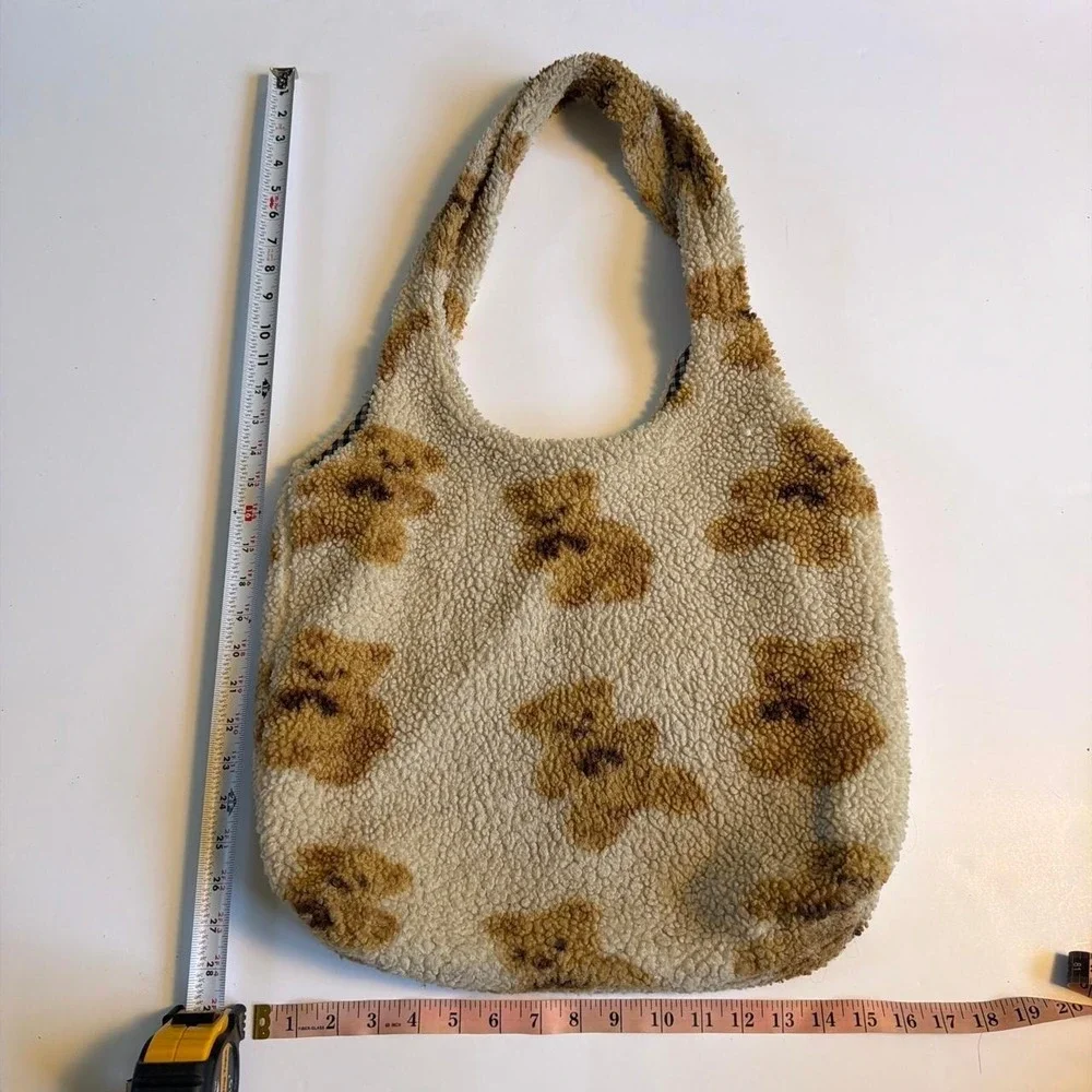 Vintage Kawaii Fuzzy Teddy Bear Tote Bag Beige Gingham Large Beach Gym Bag